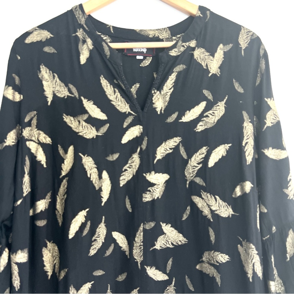 JOHNNY WAS Workshop Black Metallic Gold Feathers Embroidered Hem Mini Dress Sz L - Picture 3 of 16
